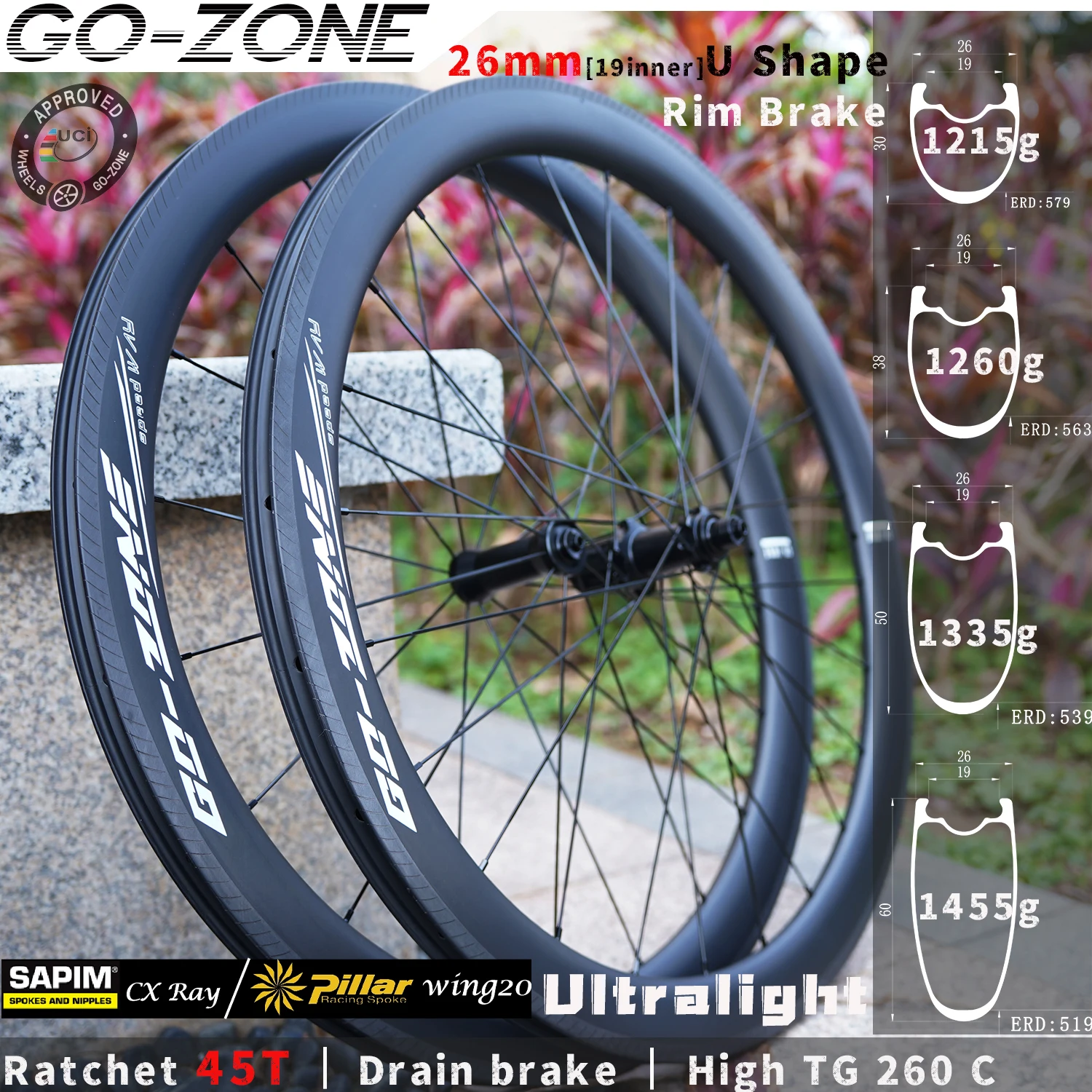 

26 мм U-образная форма 700c, дорожный обод, стоп-сигнал, карбоновые колеса High TG 260 ° C Сливной тормоз с трещоткой 45T R275 UCI, одобренная велосипедная колесная пара