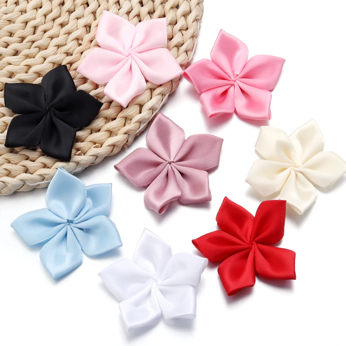 20Pcs/Lot Satin Ribbon Flowers Pentagon Artificial Fabric Flowers Handmade For DIY Crafts Sewing Supplies Clothing Decoration