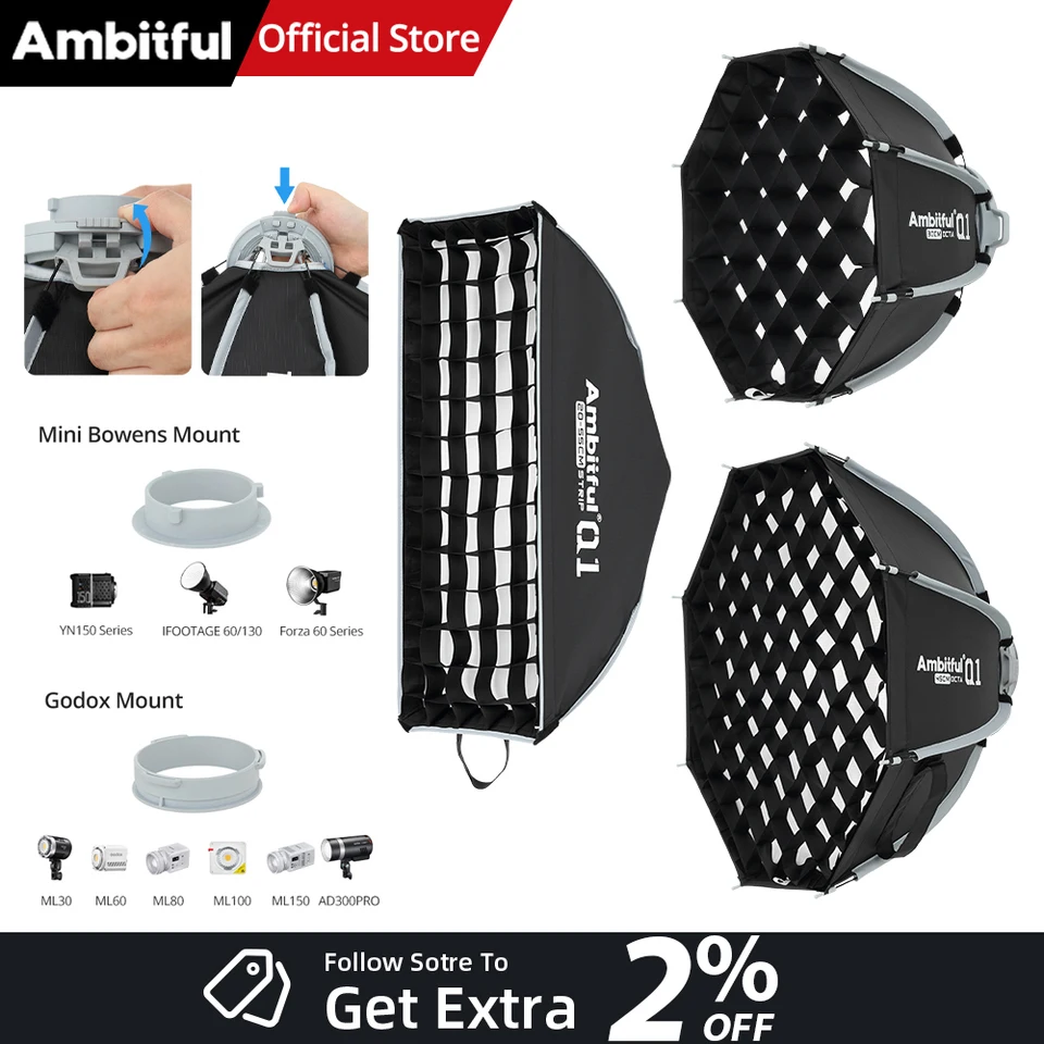 ml100、ml100bi、ml100r、ml150bi、ml60iibi、godoxマウント、スタジオ用、ambitful-q1、30cm、45cm、八角形ソフトボックス、素早く設置できる設計