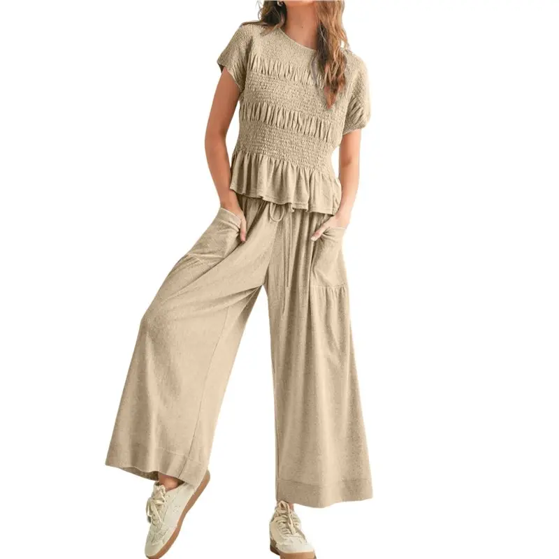 

CYL-Womens 2 Piece Smocked Top Wide-Leg Pants Set High-Waisted Lounge Outfit With Pockets Matching Set