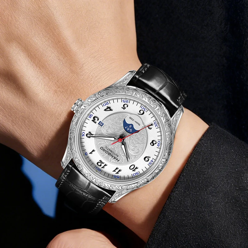HANBORO Men Automatic Watch 41.5mm Mechanical Wristwatch 100M Waterproof Sapphire Mirror Luminous Carved Case Miyota 8205