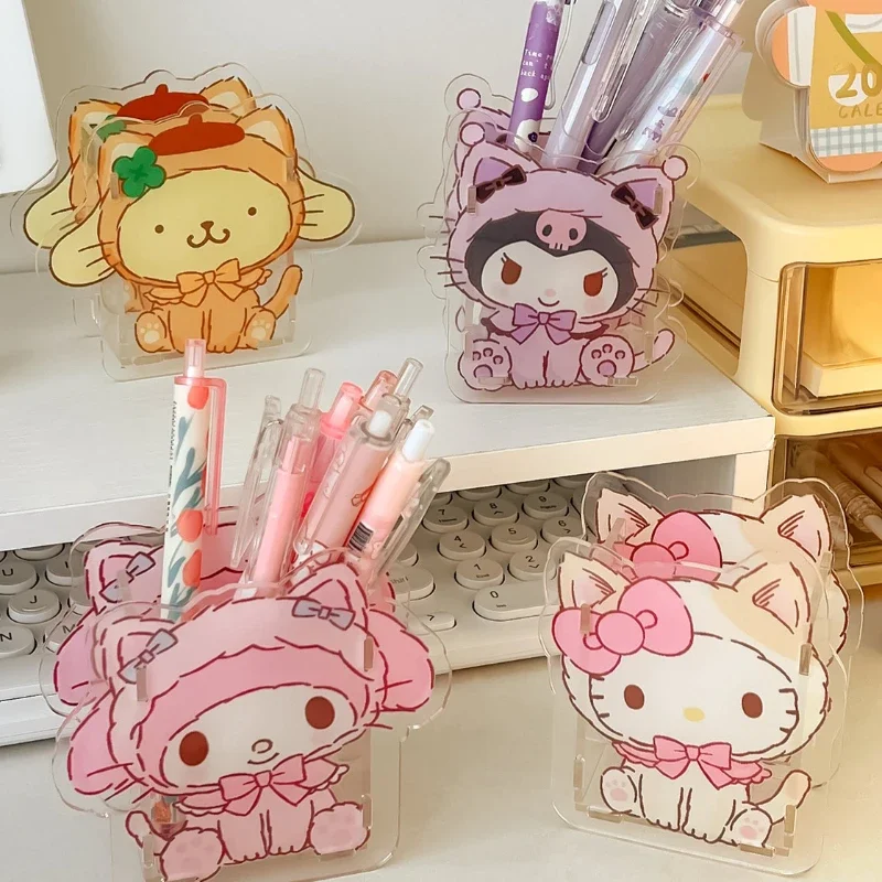 น่ารักอะคริลิค Sanrio ผู้ถือปากกา Hello Kitty โปร่งใสมัลติฟังก์ชั่เดสก์ท็อปขนาดใหญ่ความจุเครื่องเขียนจัดเก็บกล่อง