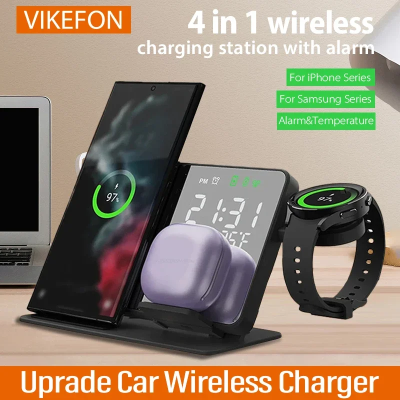 3 in 1 Wireless Charger For Samsung Galaxy Watch 6 5 Pro Fast Charging Station For Galaxy S24 S23 S22 Alarm Clock Chargers Stand