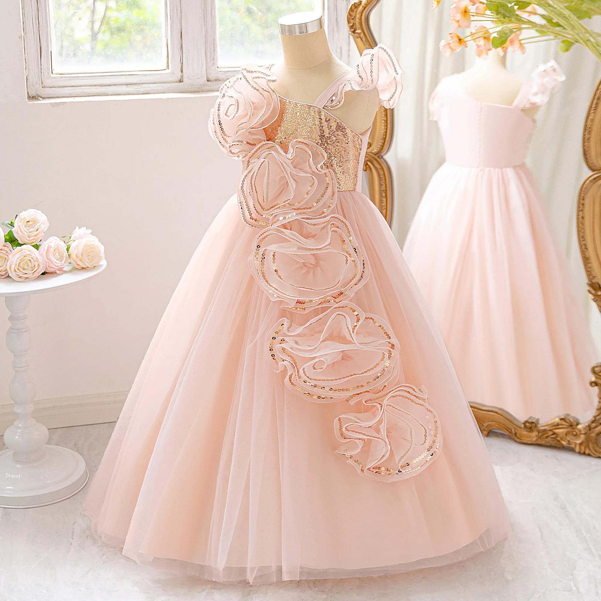 

Elegant Sequin Flower Bridesmaids Girls Dress Bow Wedding Party Princess Prom Dresses for Girl Birthday First Communion Costumes