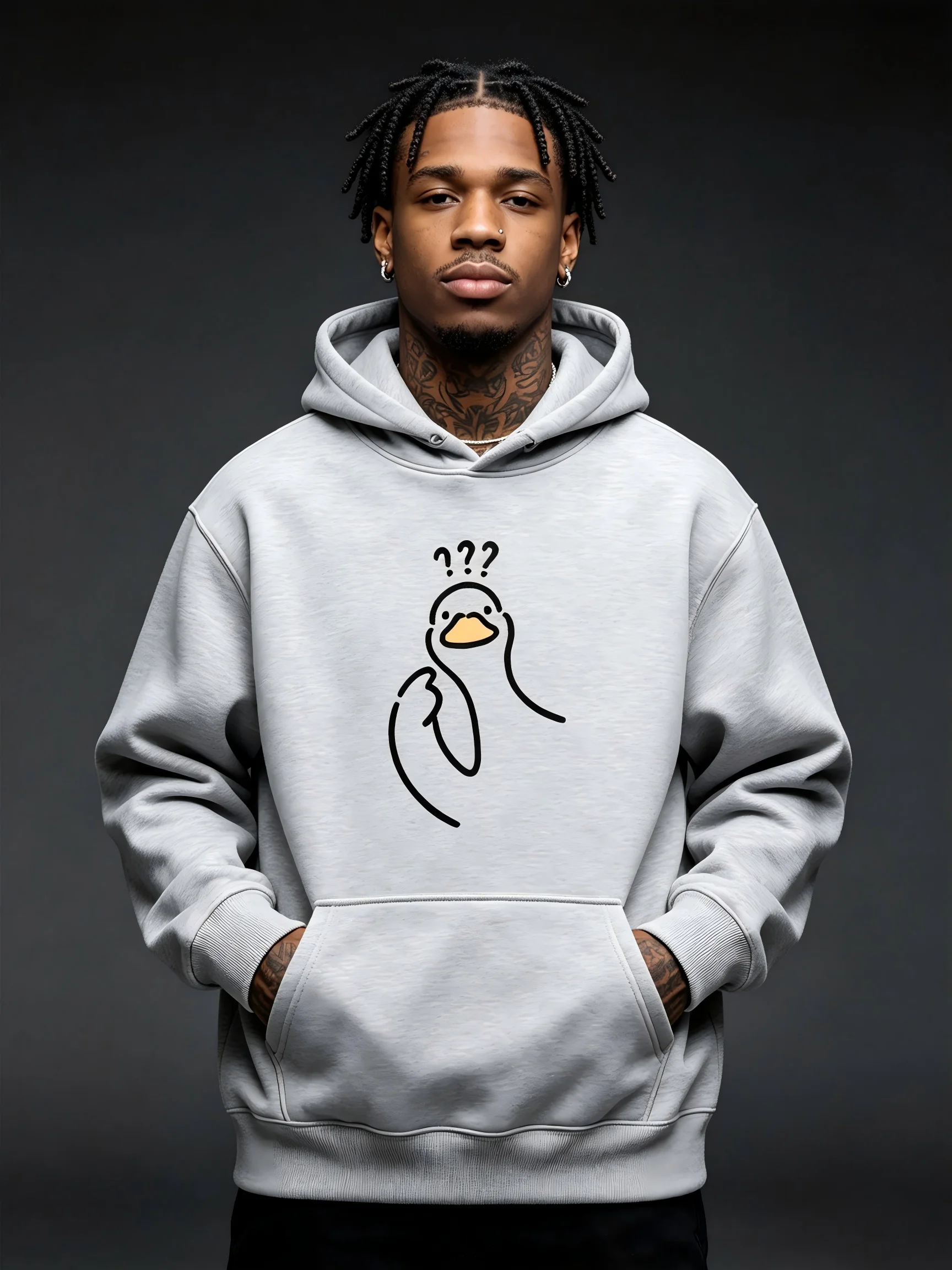 Men's Funny Confused Duck Pattern Hoodie Cute Question Mark Pullover Street Casual Fleece Hoodie Autumn/Winter