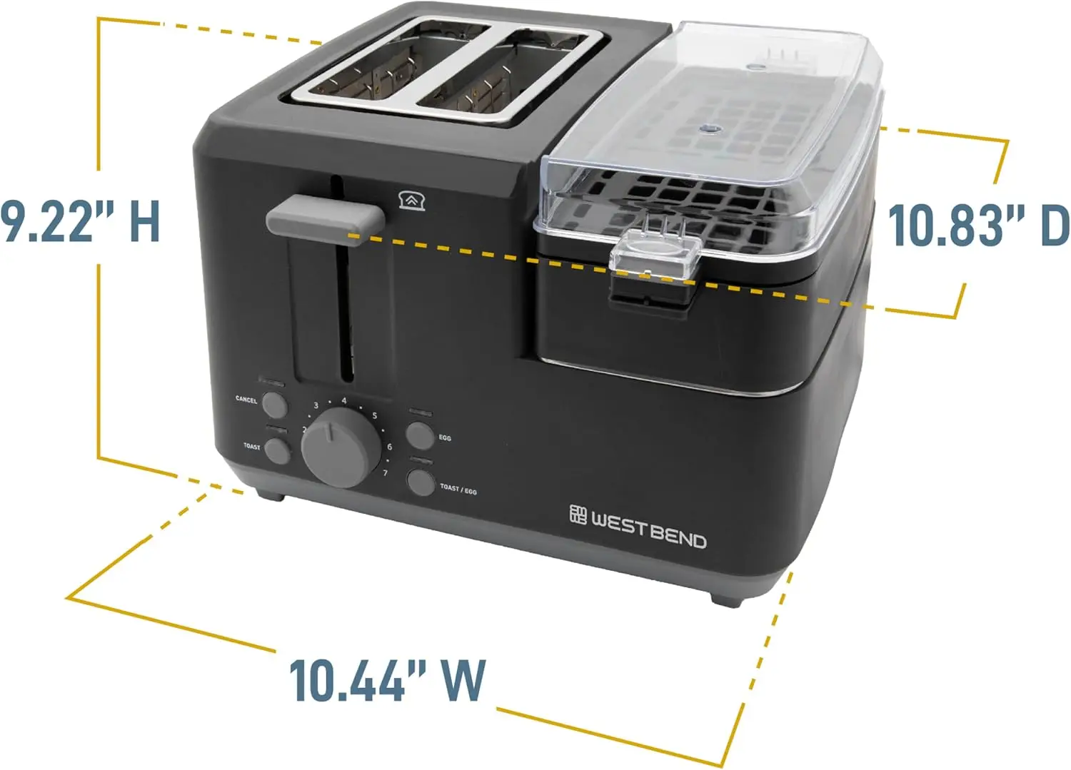 محطة إفطار 78500، محمصة خبز مكونة من شريحتين مع صينية تدفئة اللحوم والخضروات القابلة للإزالة وطباخ البيض/الصياد، باللون الأسود