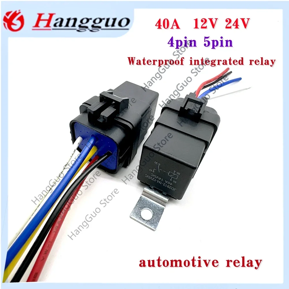 Car Auto Automobile Relay Sealed Waterproof Integrated Wired 40A DC12V 24V 5Pin 4pin Auto Relay + Holder With 105mm Length Wires