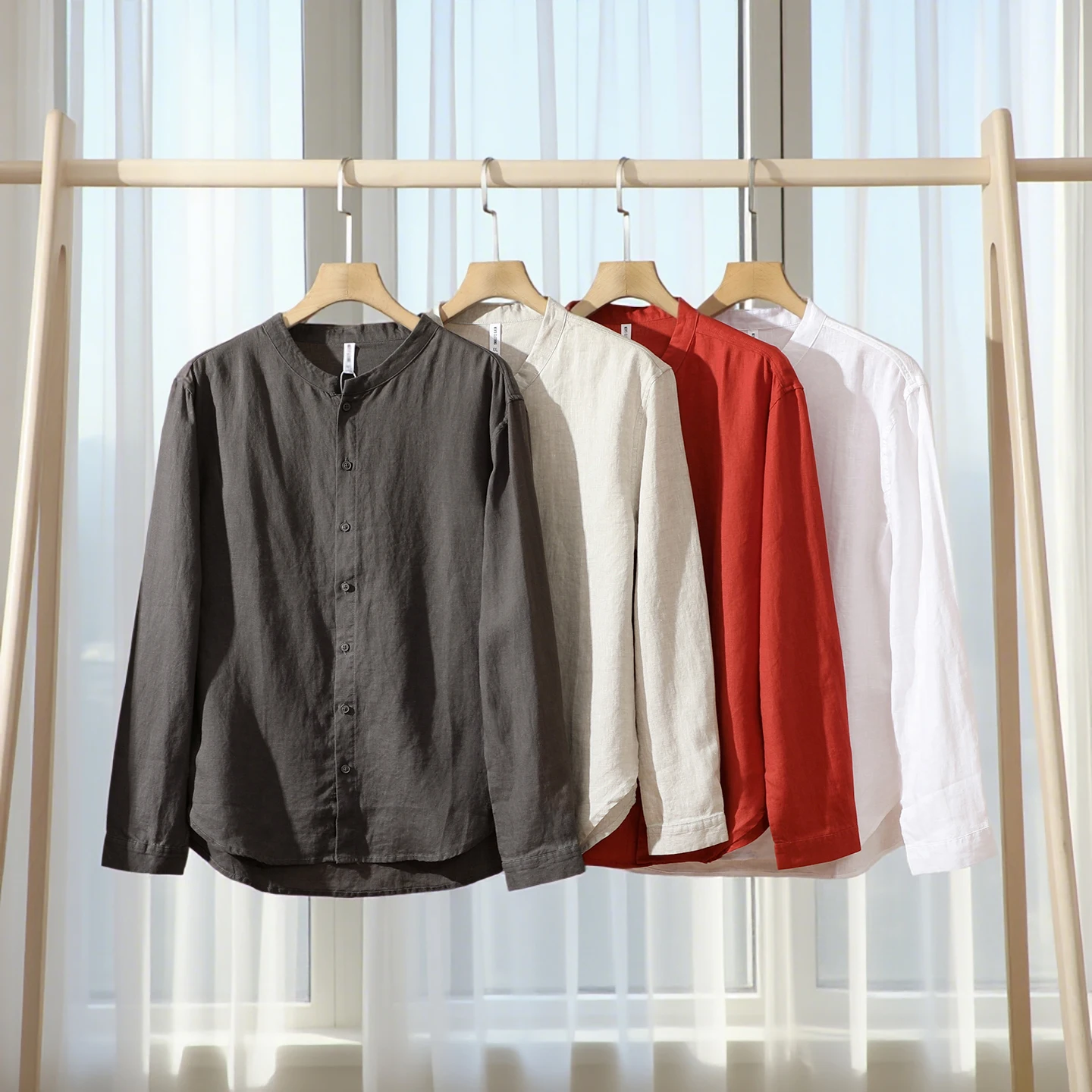 

New National Style! Extra Fine 100% Linen! Premium Feel! Men's Retro Color Long Sleeve Shirt Trendy Stand Collar