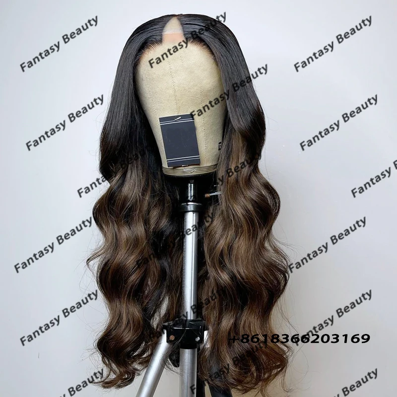 Highlight Coffee Brown Body Wave Human Hair 1x4 V Shaped Black Women Wigs Natural Real Full Thick Ends U Part Wigs Adjustable