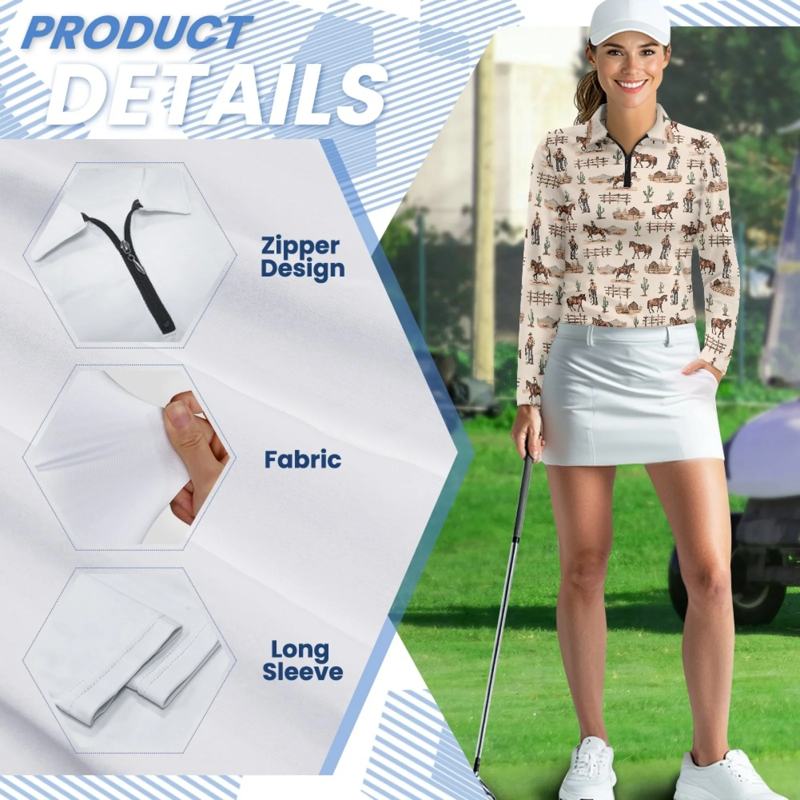 PENSTROLL Camiseta Polo de Tenis con Cierre y Absorción de Humedad para Mujer, Estilo Vaquero Occidental, Camisetas de Golf de Secado Rápido para Mujer, para Fitness