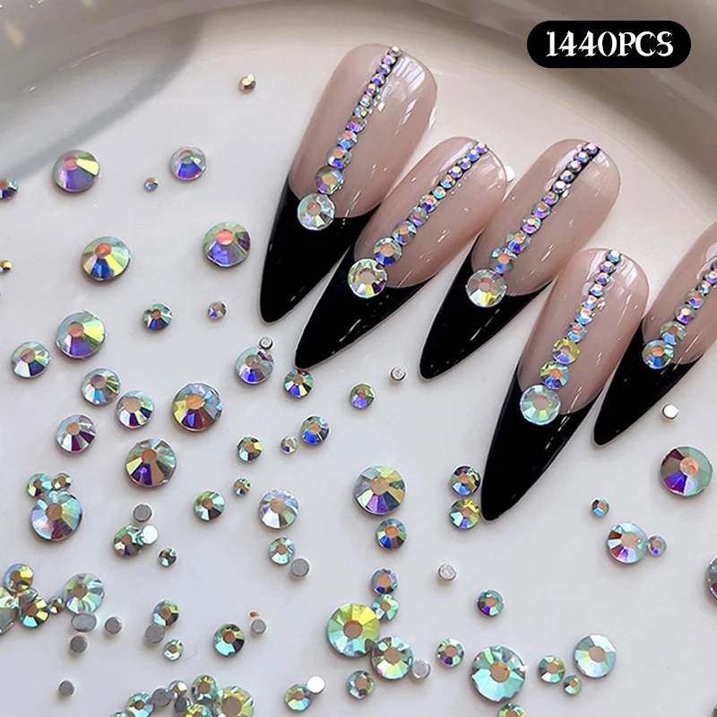 1440Pcs Aurora Mix Sizes Glass Non Hot Fix Rhinestone Flat Back Crystal Stone Strass Glitter Nail Diamond For DIY Garment