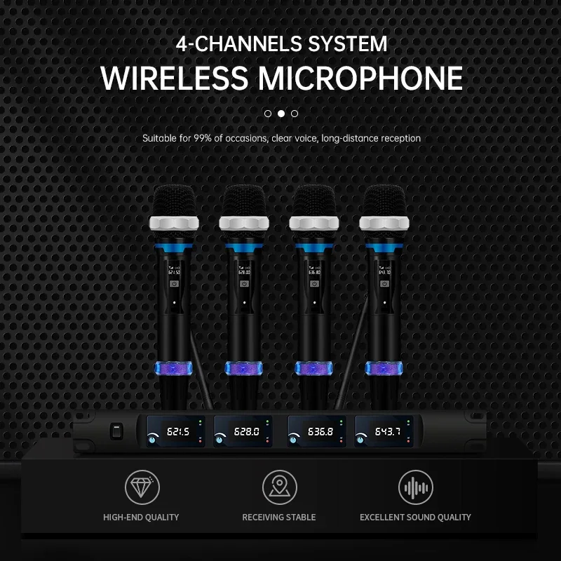 ERZHEN U973 نظام ميكروفون لاسلكي محمول باليد عالي التردد ذو 4 قنوات لخطاب حفلات الكاريوكي