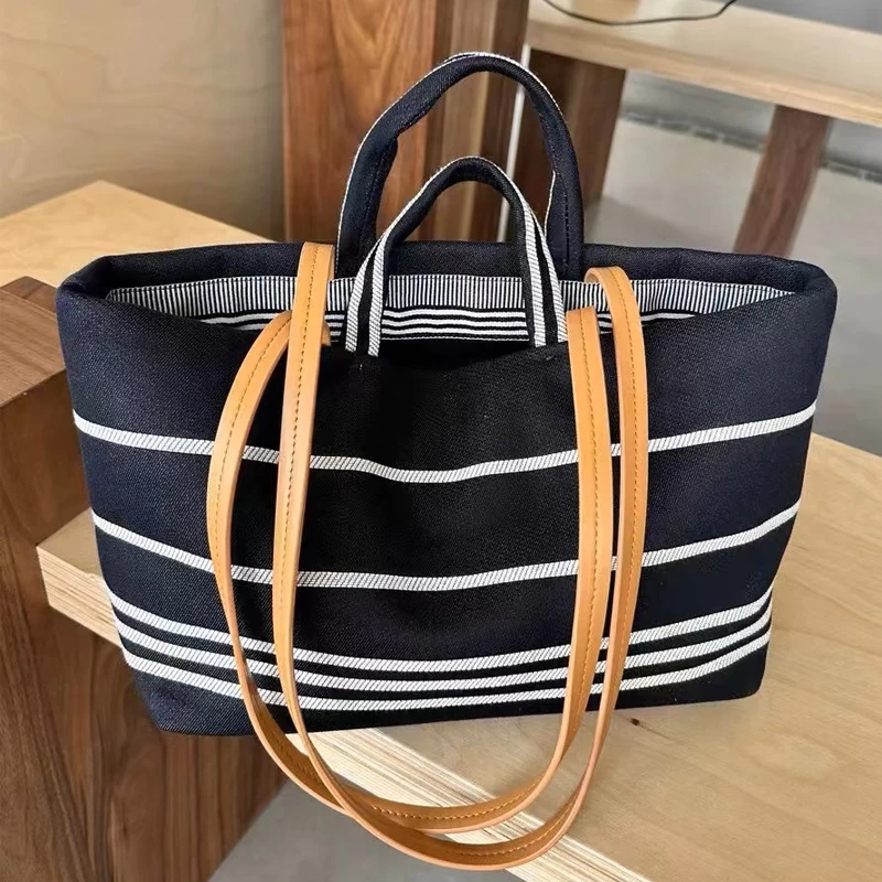 England Style Tote Bag For Women Luxury Designer Handbag Purse 2024 New In Canvas Striped Large Capacity Underarm Cloth Shoulder