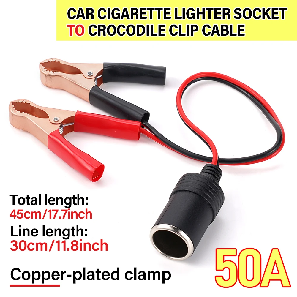 12V Car Cigarette Lighter Terminal Clip-on 50A Crocodile Clip Female Socket Adaptor Plug 30CM Power Cable for Auto Battery