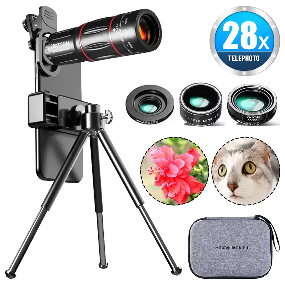 Telescopio gran angular con cámara para teléfono móvil 4 en 1 28X Zoom 198 °   de Lente ojo de pez, lente macro 20x, lente gran angular 0,6x con trípode con clip