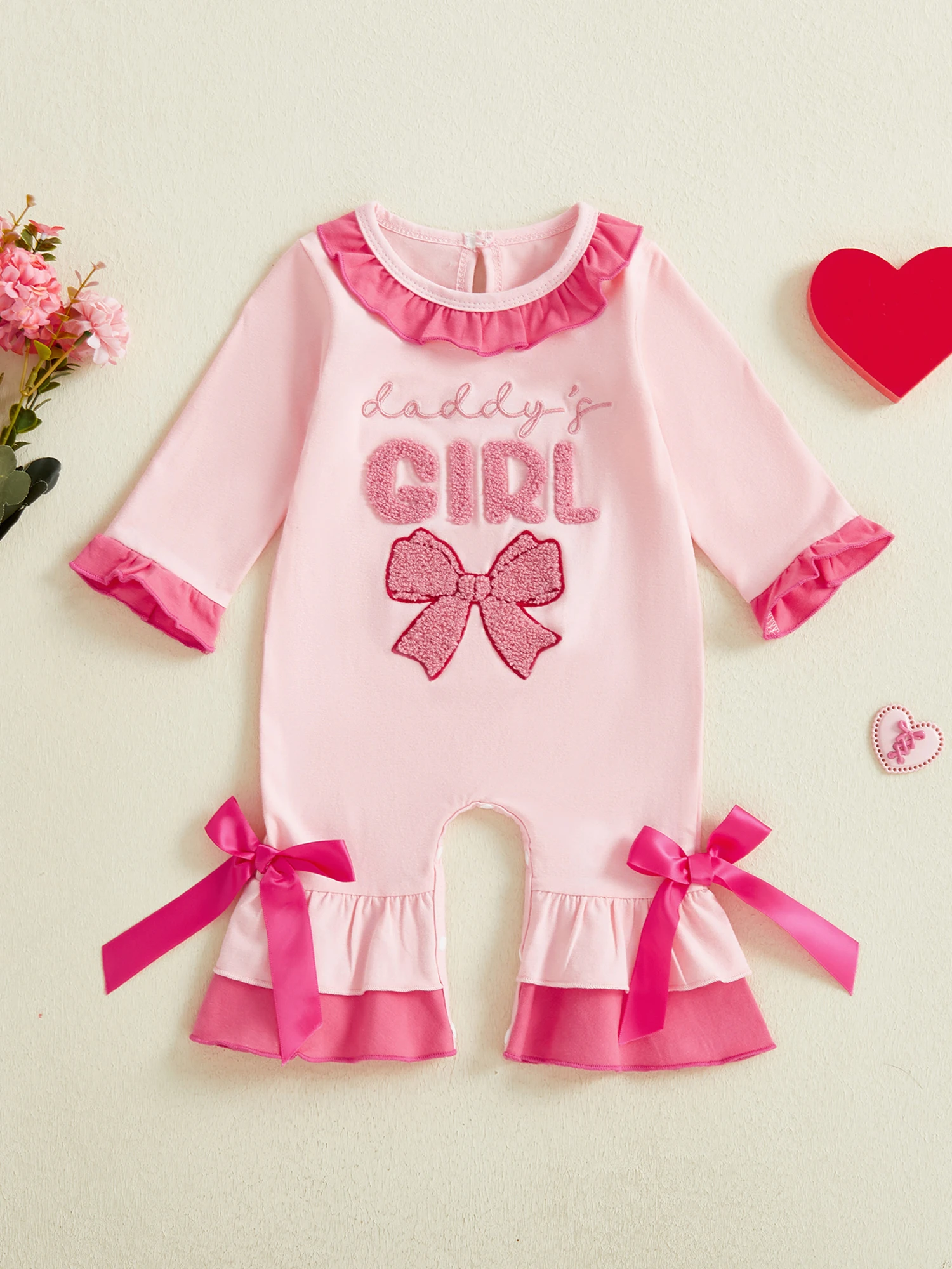 

Adorable Toddler Girl Autumn Romper with Long Sleeves Crew Neck Bow Detail Embroidered Letters and Stylish Bell Bottom