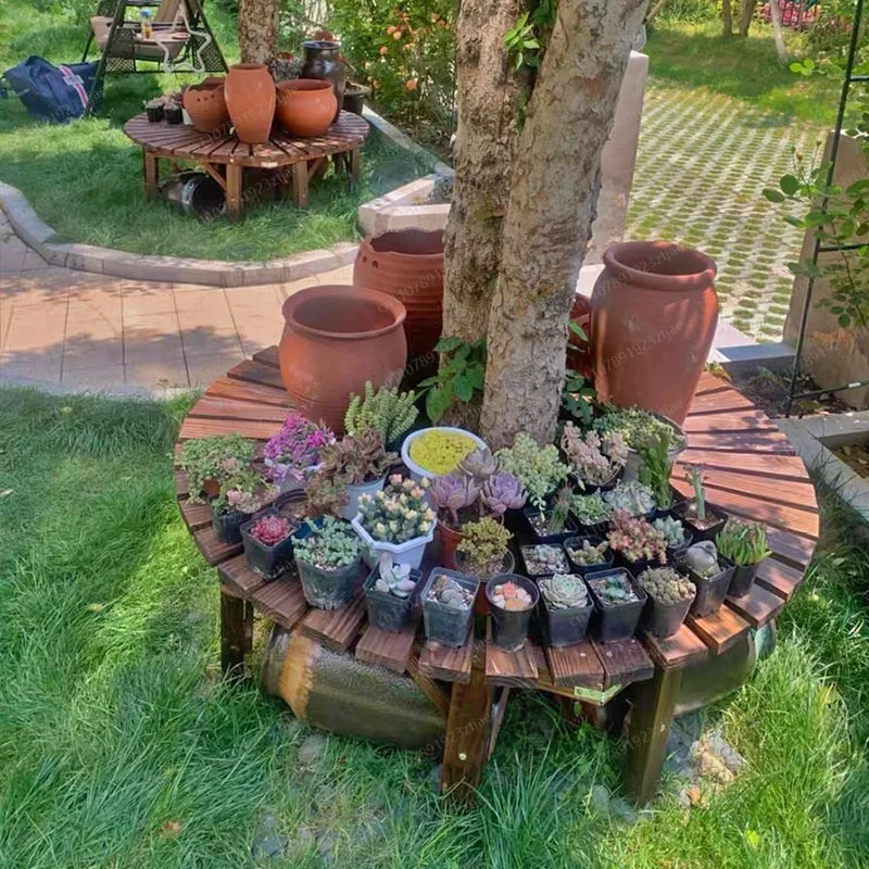 Succulent flower stand shape, outdoor terrace, Internet celebrity shelf, balcony semicircular pure solid wood stool, flower pot