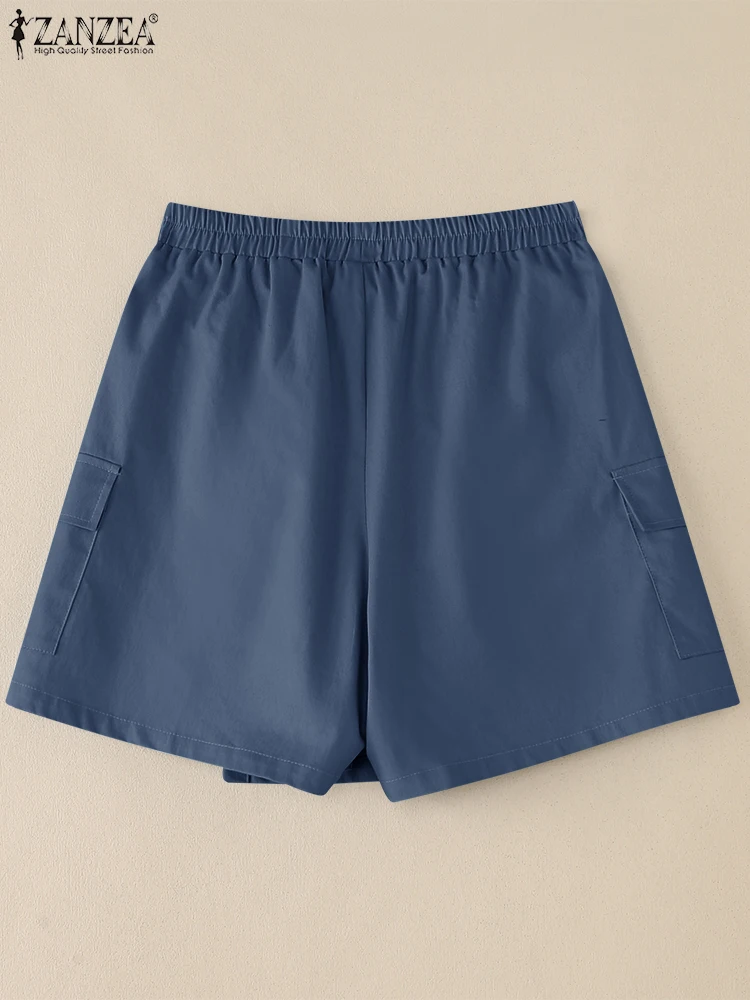 ZANZEA-pantalones cortos informales con apariencia vaquera para mujer, pantalones cortos holgados con cintura elástica envueltos, pantalones cortos de pierna ancha, ropa de calle para el día de verano 2025