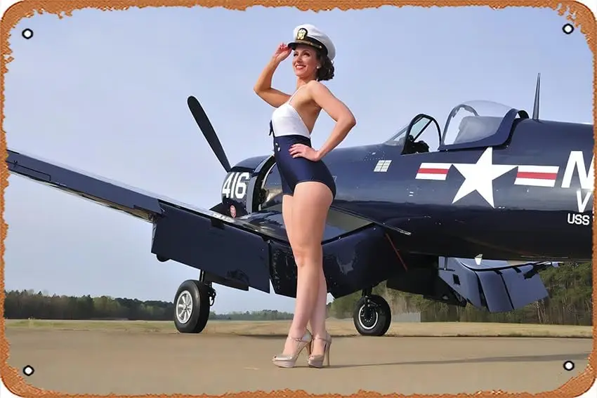 1940s Style Navy Pin-Up Girl Posing with a Vintage Aircraft Retro Travel Poster Iron Poster Painting Tin Sign Vintage Wall Decor