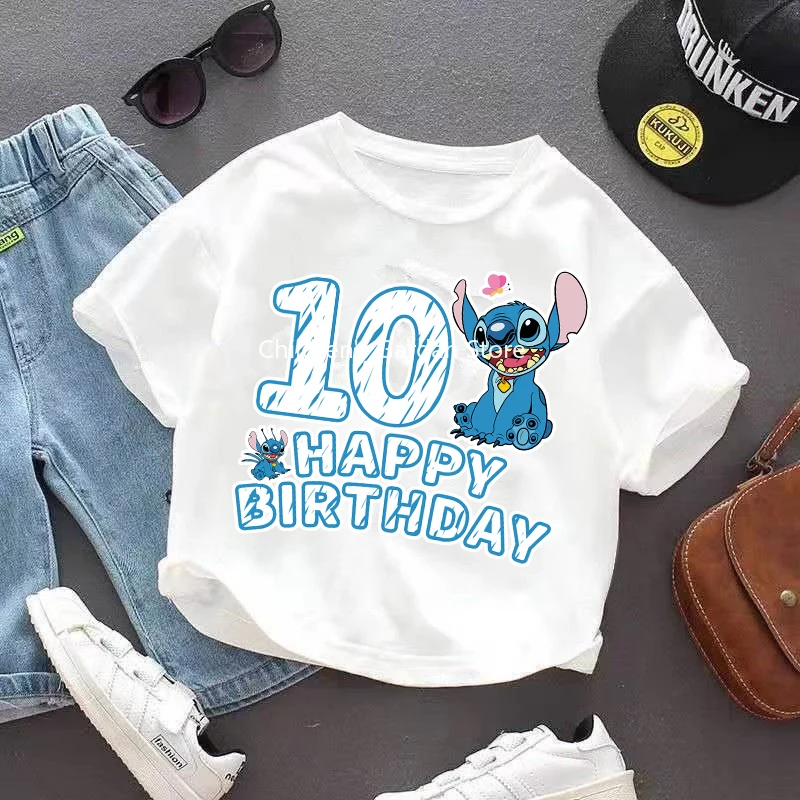 Stitch Disney Kids T Shirt Happy Birthday Clothes Tops Children\'s Clothing Boys Girls Summer Cute Short Sleeve Tee Birthday Gift