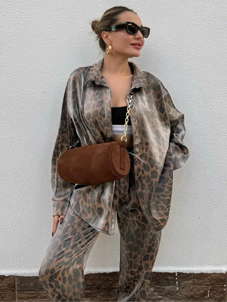 Fashion Lapel Long Sleeve Single-breasted Shirt Top + Tie-fitting Nine-foot Pants 2-piece Set Women Leopard Print Suit Female