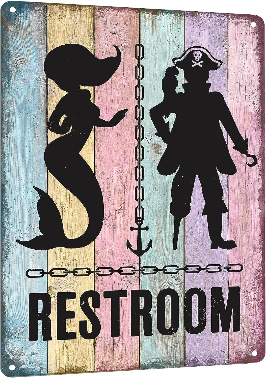 Mermaid Bathroom Decor - Pirate Themed Restroom Signs - Vintage Nautical Wall Decor - Funny Beach Toilets Door Signs