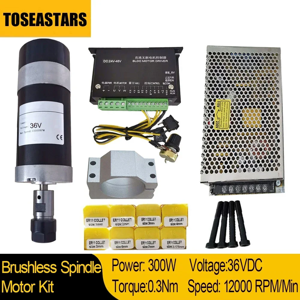 

300W CNC Brushless Spindle Air Cool 36V 12000RPM With Hall Sensor ER11 Collet 52mm Clamp Bracket Power Supply for Cnc Router
