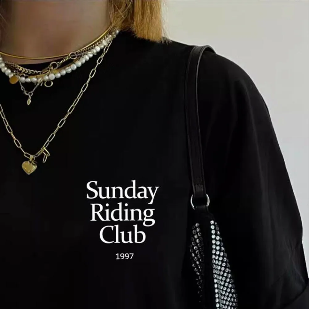 Sunday Riding Club 1997 Vintage Style Women Black Short Sleeve T Shirt Summer Street Fashion Loose Cotton Tees Letters Printed