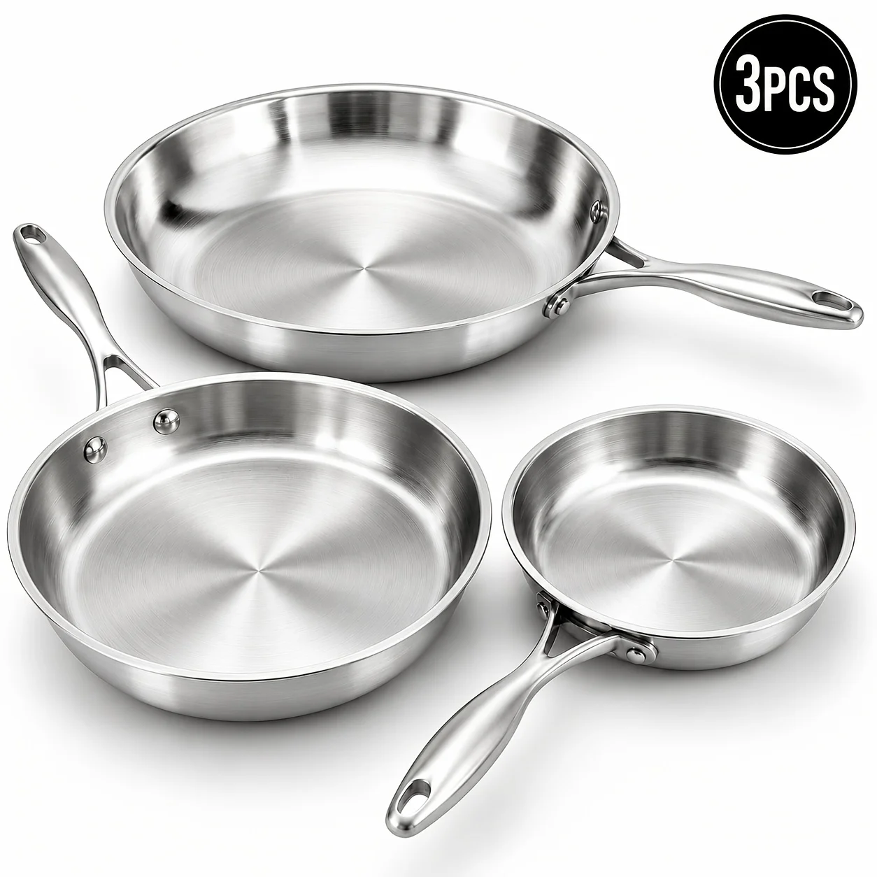 

3pcs Triple-Layer Stainless Steel Frying Pan Set, Includes 8-inch/10-inch/12-inch Frying Pans. Suitable for Gas, Electric, and Ceramic Cooktops, Induction Compatible Cookware. Dishwasher and Oven Safe Design. Features Rapid and Even Heating.