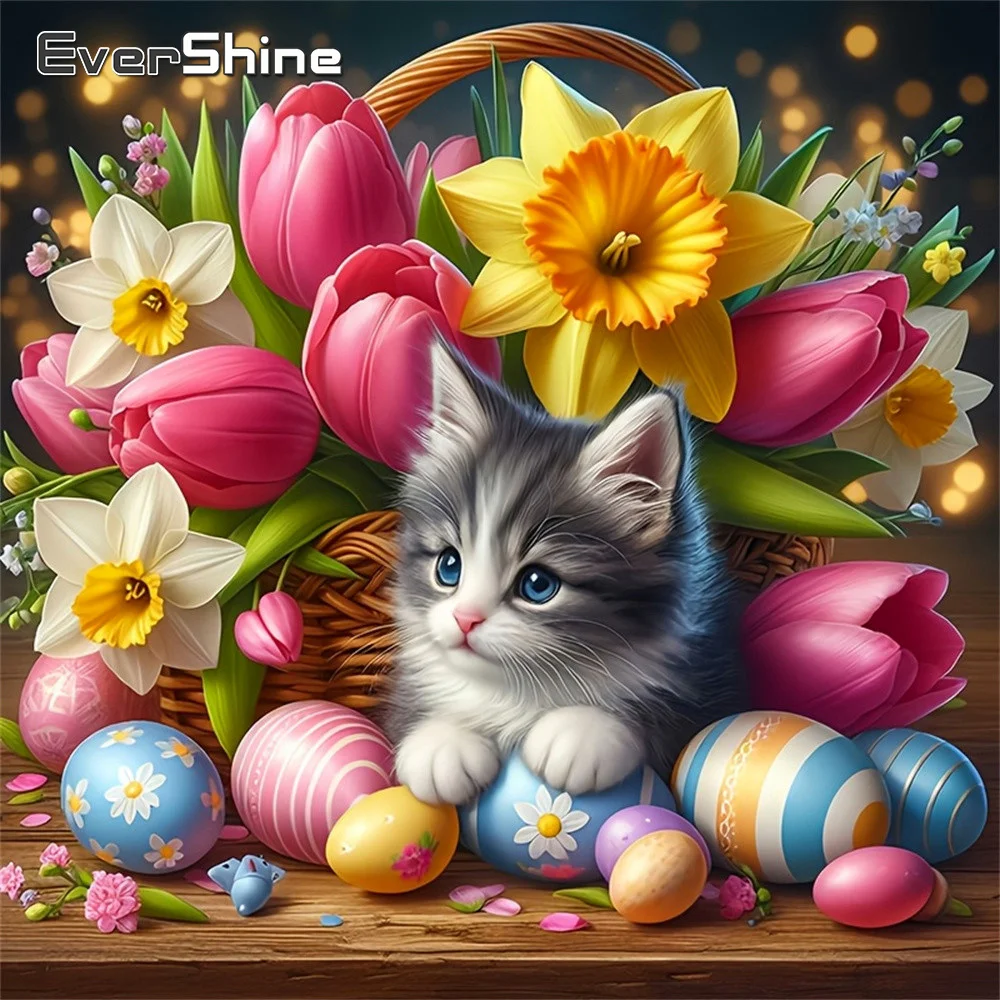 Evershine Blumen-Diamant-Mosaik Tulpe Vollbohr-Stickerei Katze DIY Bild aus Strass Diamantmalerei Eier Handgemachtes Geschenk