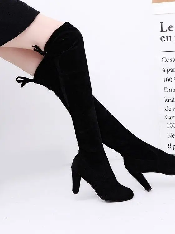 

Модные женские высокие сапоги на каблуке с искусственным мехом, эластичные, прямые, облегающие, выше колена, весна-осень, резиновая подошва