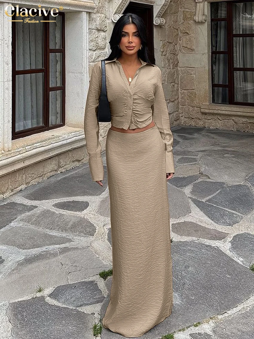 

Clacive Fashion Loose Khaki 2 Piece Sets Women Outfit 2025 Elegant Long Sleeve Crop Top With Mid Waist Long Skirt Set Female