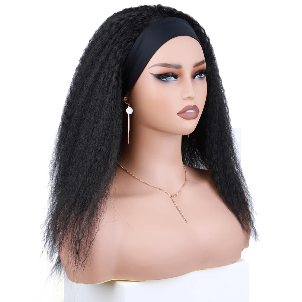 Afro peruca de cabelo sintético com headband elástico, Kinky perucas encaracoladas, comprimento do ombro, preto, 14"