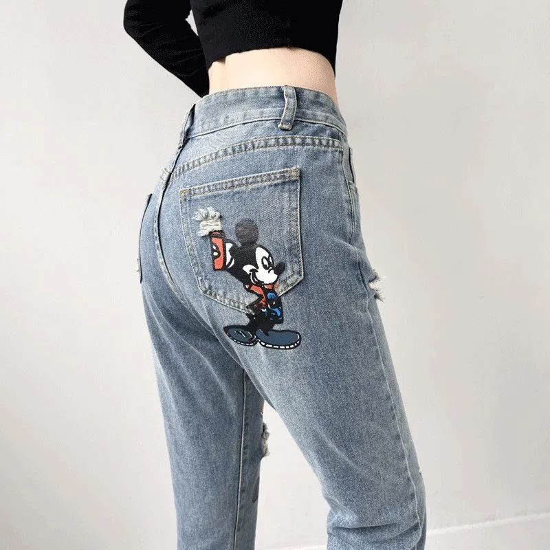 

Women's New Mickey Mouse Ripped Jeans High Waist Petite Size Cartoon Print Loose Slimming Trendy Harem Denim Pants adies clothes