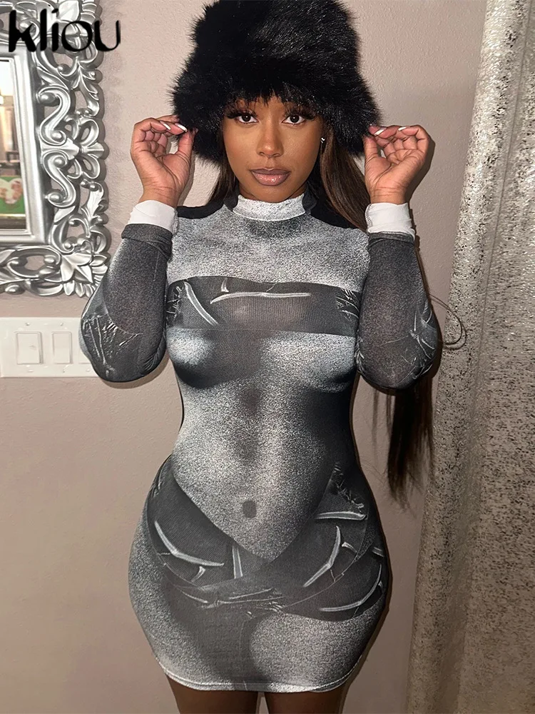 kliou 3D Body Print Mini Dress Women Vintage Unique Autumn Full Sleeve Stand Collar Slim Fit Robe Ladies Panelled Trend Vestido