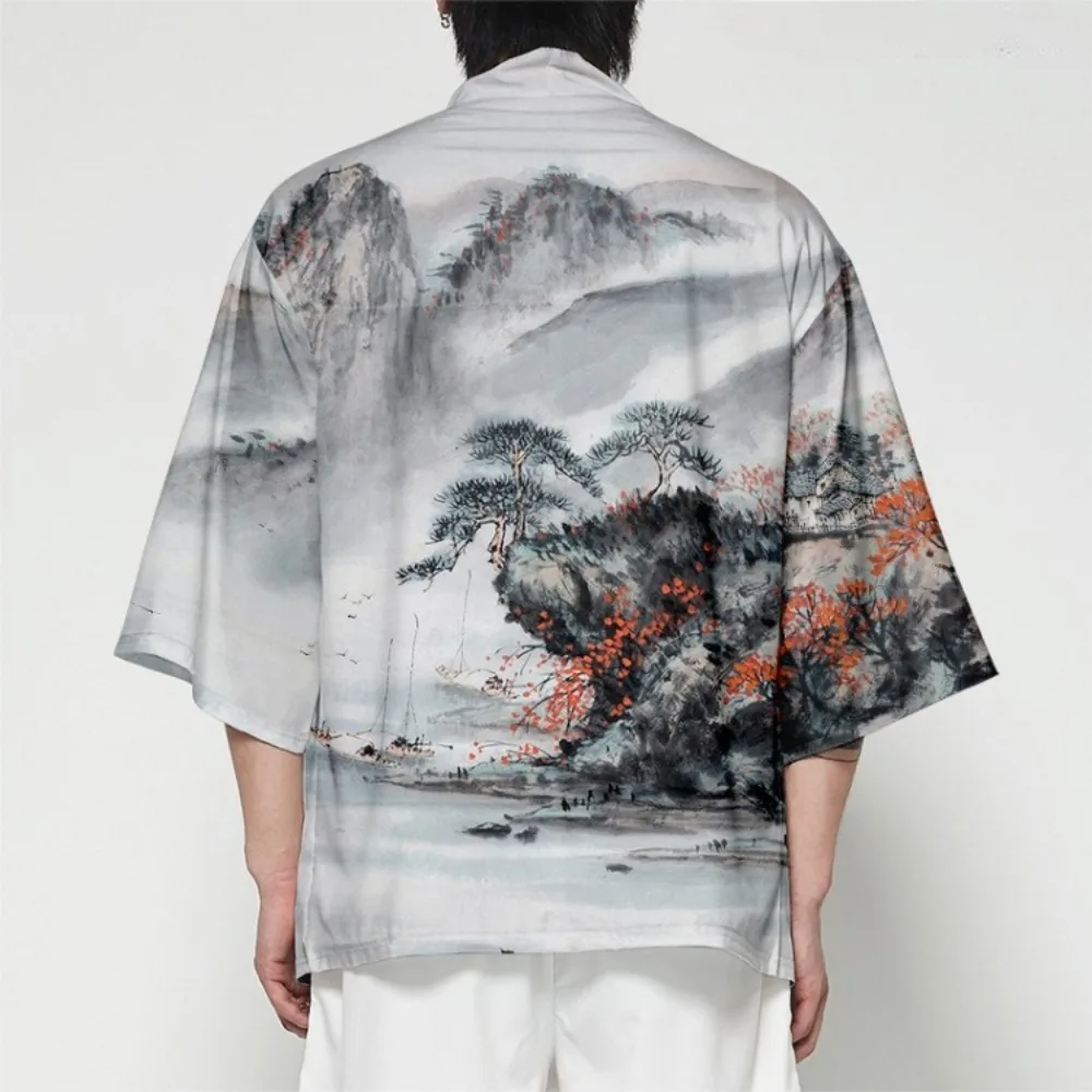 Summer Retro Landscape Print Kimono Unisex Hawaiian Shirt Fashion Loose Kimono Cosplay Beach Tops Yukata Haori Outwear Bathrobe