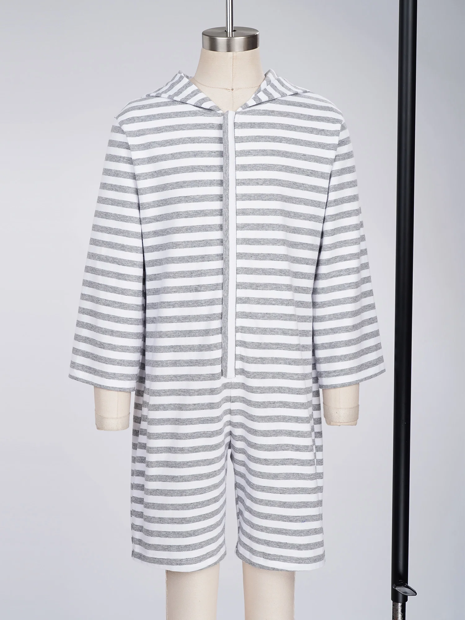Boys Girls Striped Hooded Jumpsuit Kids Casual Long Sleeve Zipper Front Thigh Length Loose Bodysuit for Vacation Weekend Beach