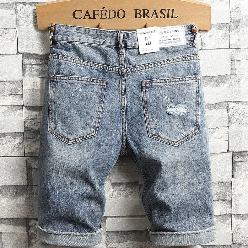 Summer Light-colored Ripped Denim Shorts Men's Loose Pants Men's Korean Trendy Brand Pants for Cool Cowboy Distressed Jeans