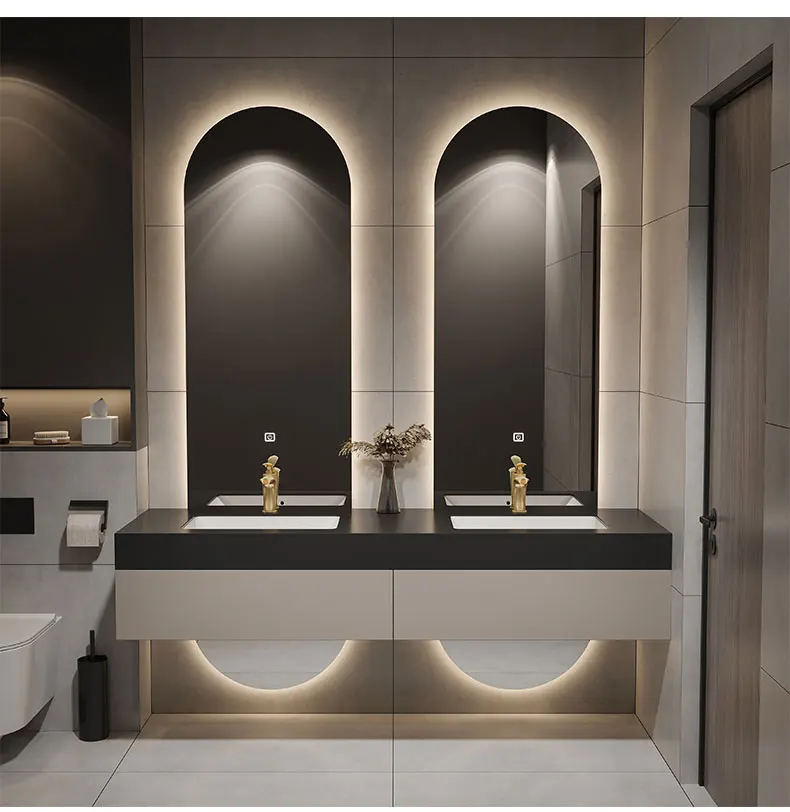 Designer Customized High-end Villa Light Luxury Rock Slab Integrated Basin Bathroom Cabinet Combination Double Mirror Wash image 5