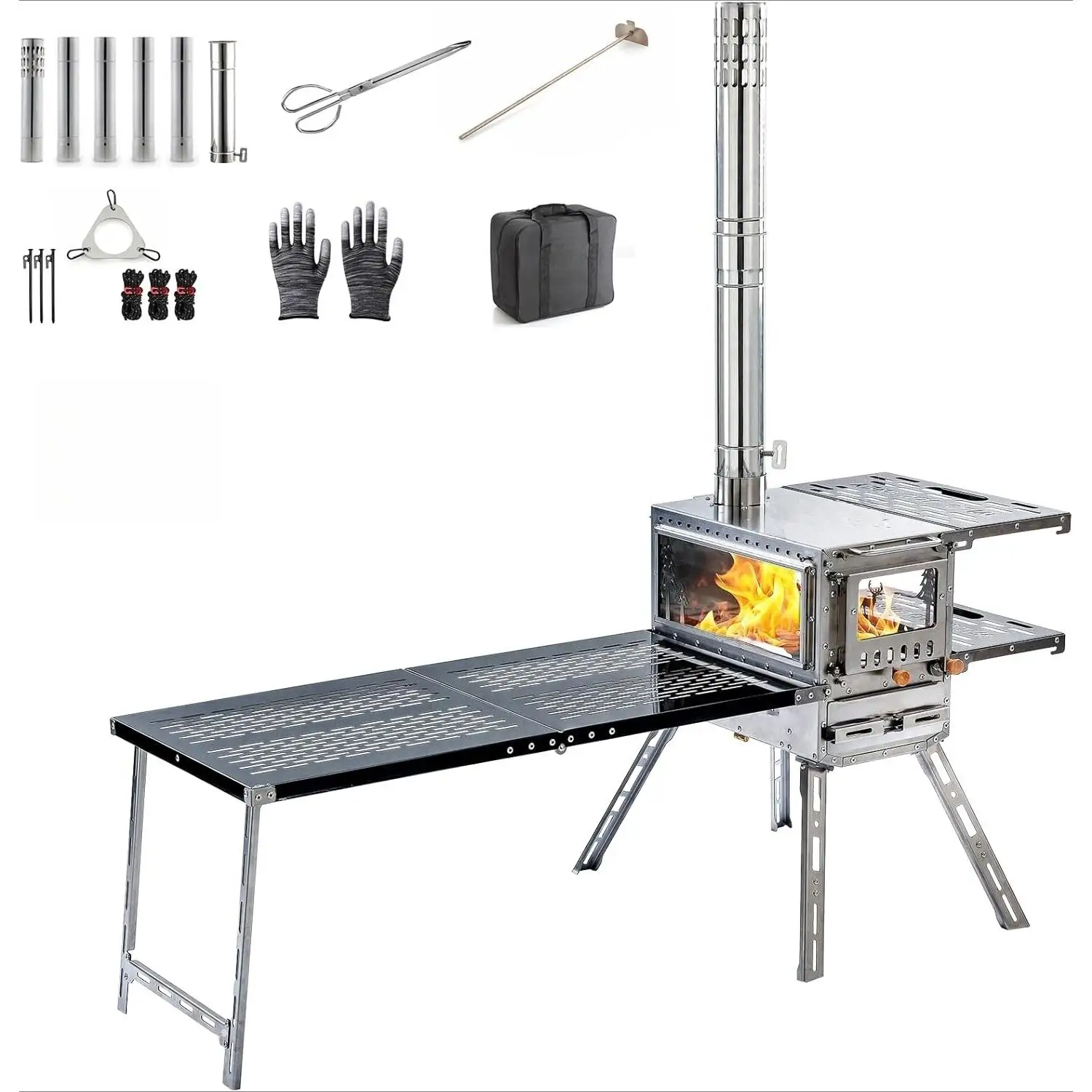 

Дровяная печь Дровяная печь Печь для горячей палатки, портативная походная печь из нержавеющей стали с духовкой, столом для кемпинга и 6-дымоном