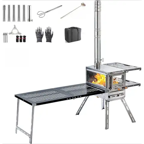 Wood Stove Wood Burning Stove Hot Tent Stove, Stainless Steel Portable Camping Stove with Oven & Camping Table and 6 Chimney