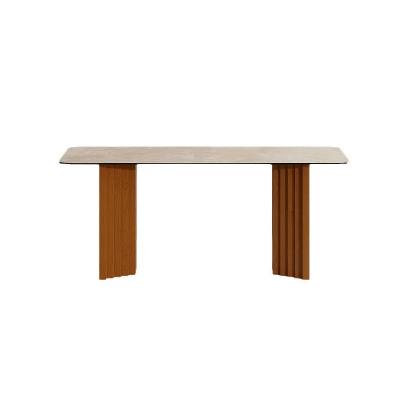 French retro travertine rock slab oval rectangular medium and ancient style home dining table and chair combination
