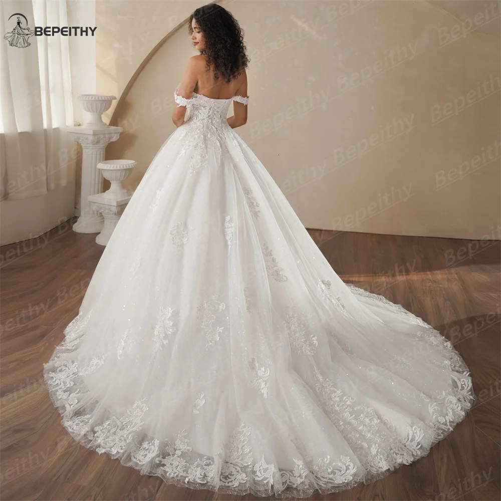 BEPEITHY Customized Princess Off Shoulder Sleeveless Ball Bride Wedding Dresses For Women 2025 Ivory Lace Glitter Bridal Gown