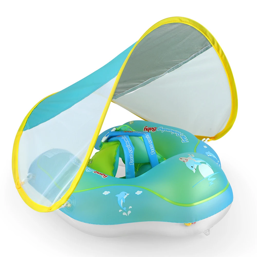 Inflatable Baby Swimming Ring with Removable Sun Canopy Floating Swimming Pool Swim Trainer