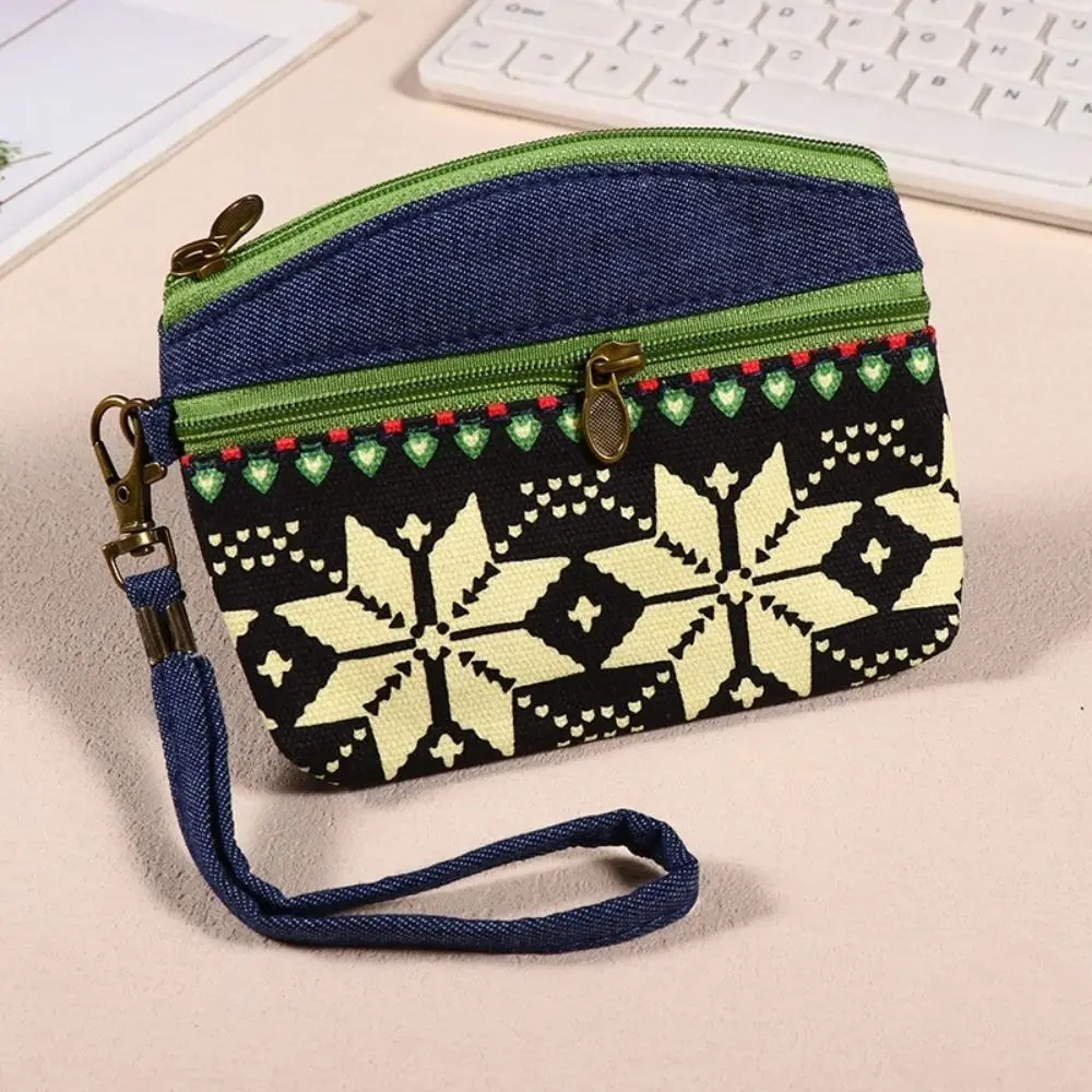 Fashion Printed Fabric Money Bag Double Zipper Ethnic Style Handbag Key Bag Women Girls