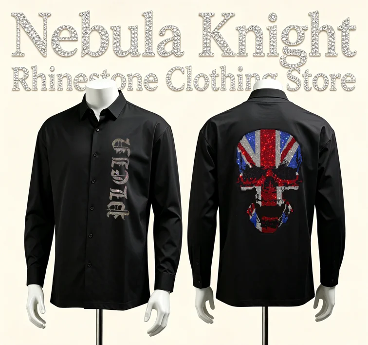 Men High Street Rhinestone Decorated Long Sleeve Shirt Skull Pattern Lapel Button Up Slim Fit Black Top