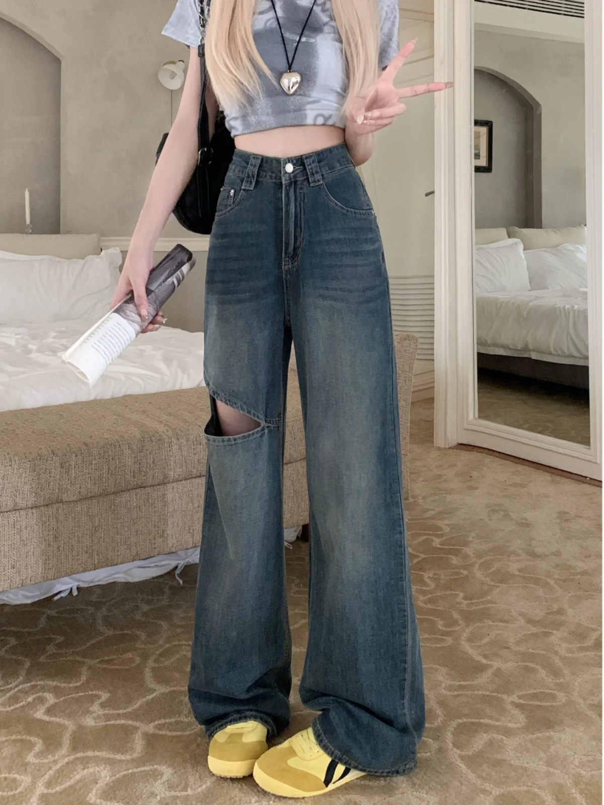 

Джинсы прямые женские брюки женские широкие джинсы тай-дай отбеленные нерегулярный дизайн градиент разноцветные женские джинсовые модные