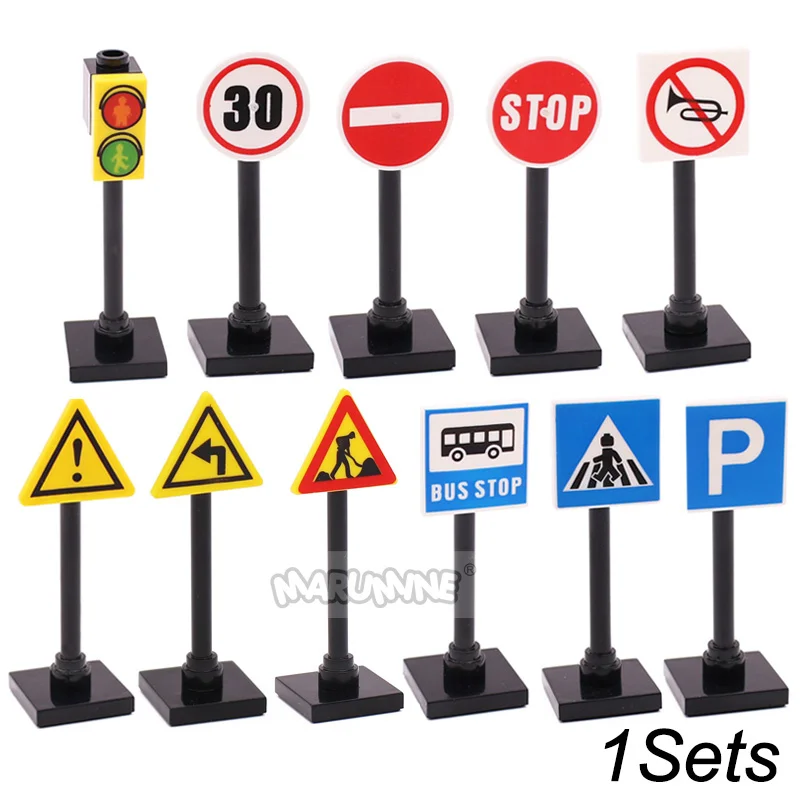 Marumine Verkeer Verkeersbord Licht Lamp Moc Blok Baksteen Onderdelen City Street View Building Bricks Blocks Accessoires Barrière Waarschuwing Maximum Snelheid