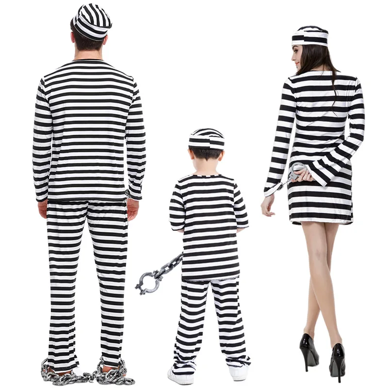 Prisoner Cosplay Costumes Man Women Prison Criminal Suits Jail Adult Black And White Striped Couple Clothes With Hats Halloween