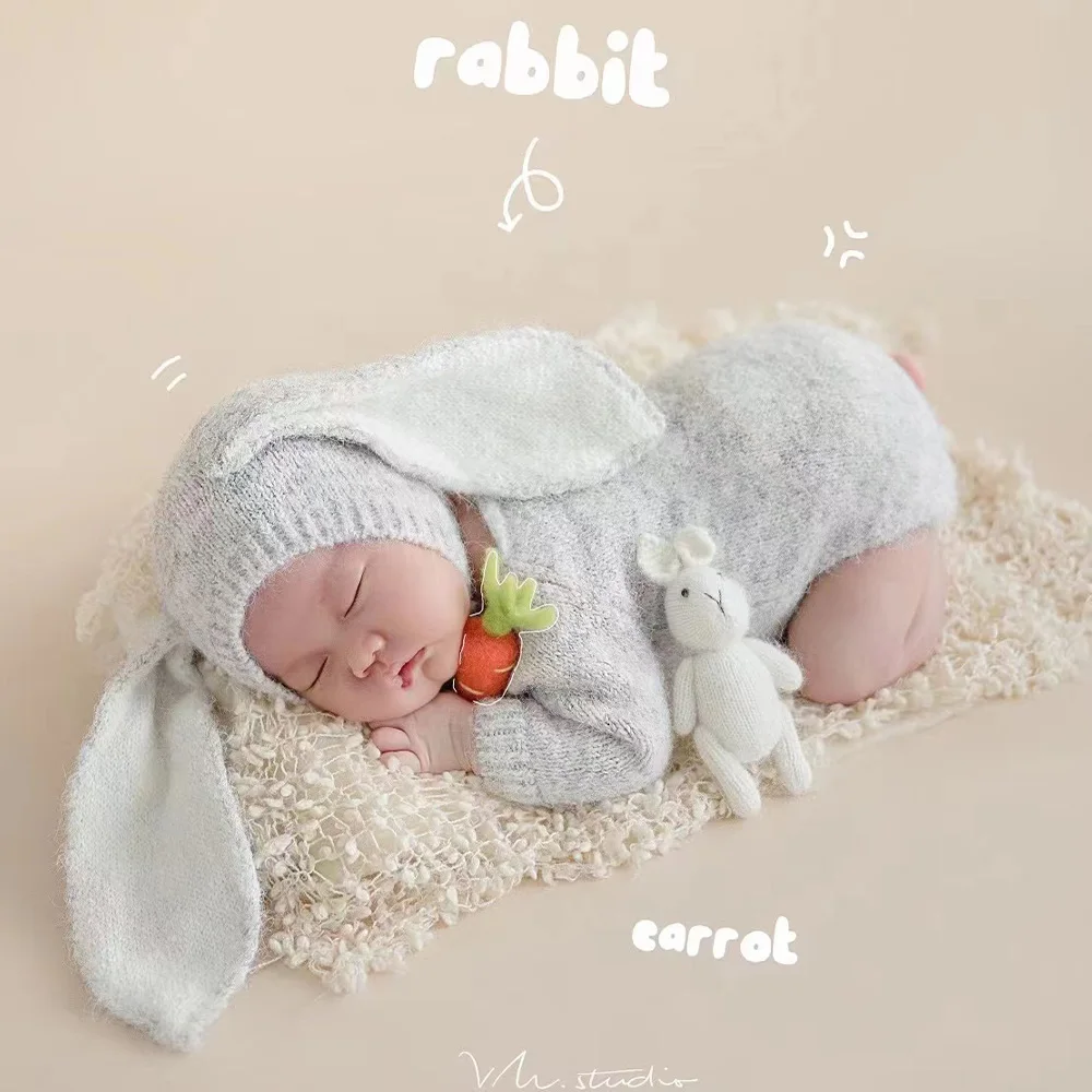 

Grey Baby Crochet Jumpsuit Cute Knitted Bunny Ears Hat Rabbit Doll Photography Outfit Props Felt Carrot Studio Decorative Props